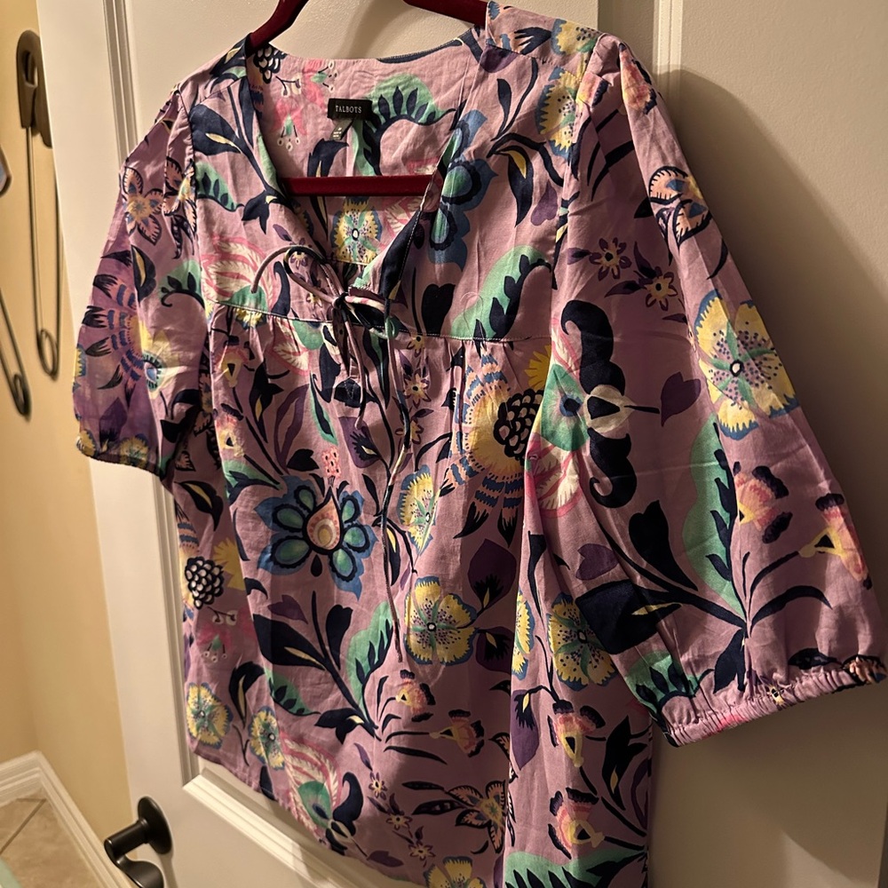 Talbots Pink and Purple Boxy Blouse with Bib Collar